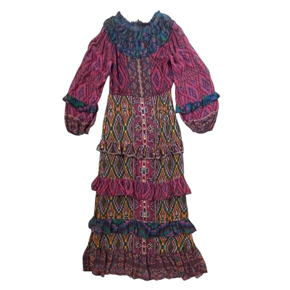 Farm Rio Beaded Tassel Tapestry Maxi Dress - Balloon Sleeves - Multicolor - XS - Picture 4 of 9